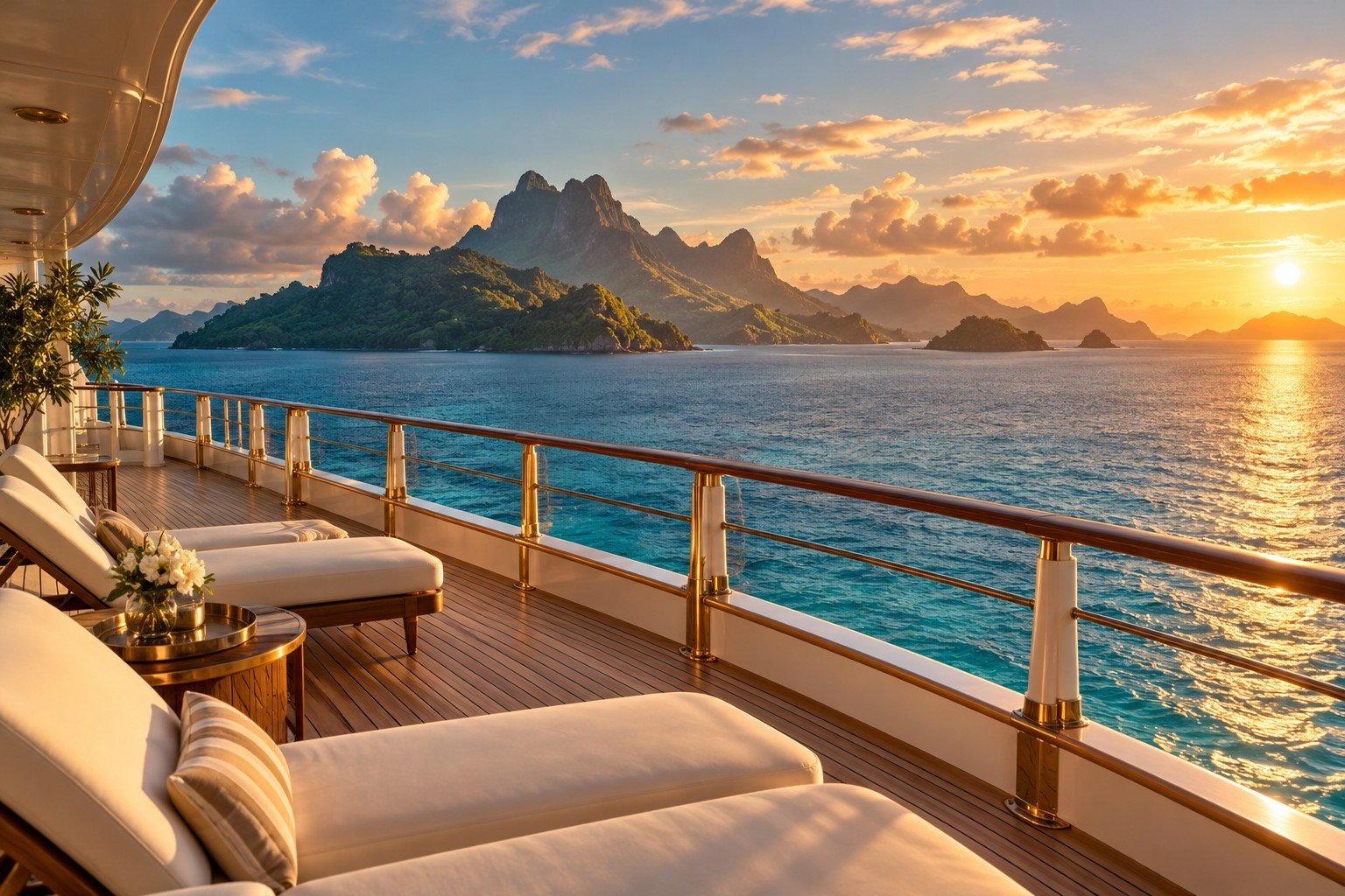 Conceptual luxury ocean cruise deck at sunset