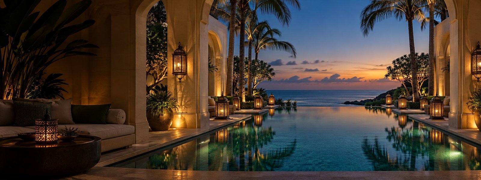 Conceptual luxury seaside resort with lantern-lit arches and an infinity pool